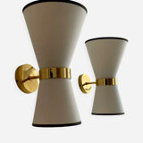 Pair of Italian sconces 80's vintage brass fabric