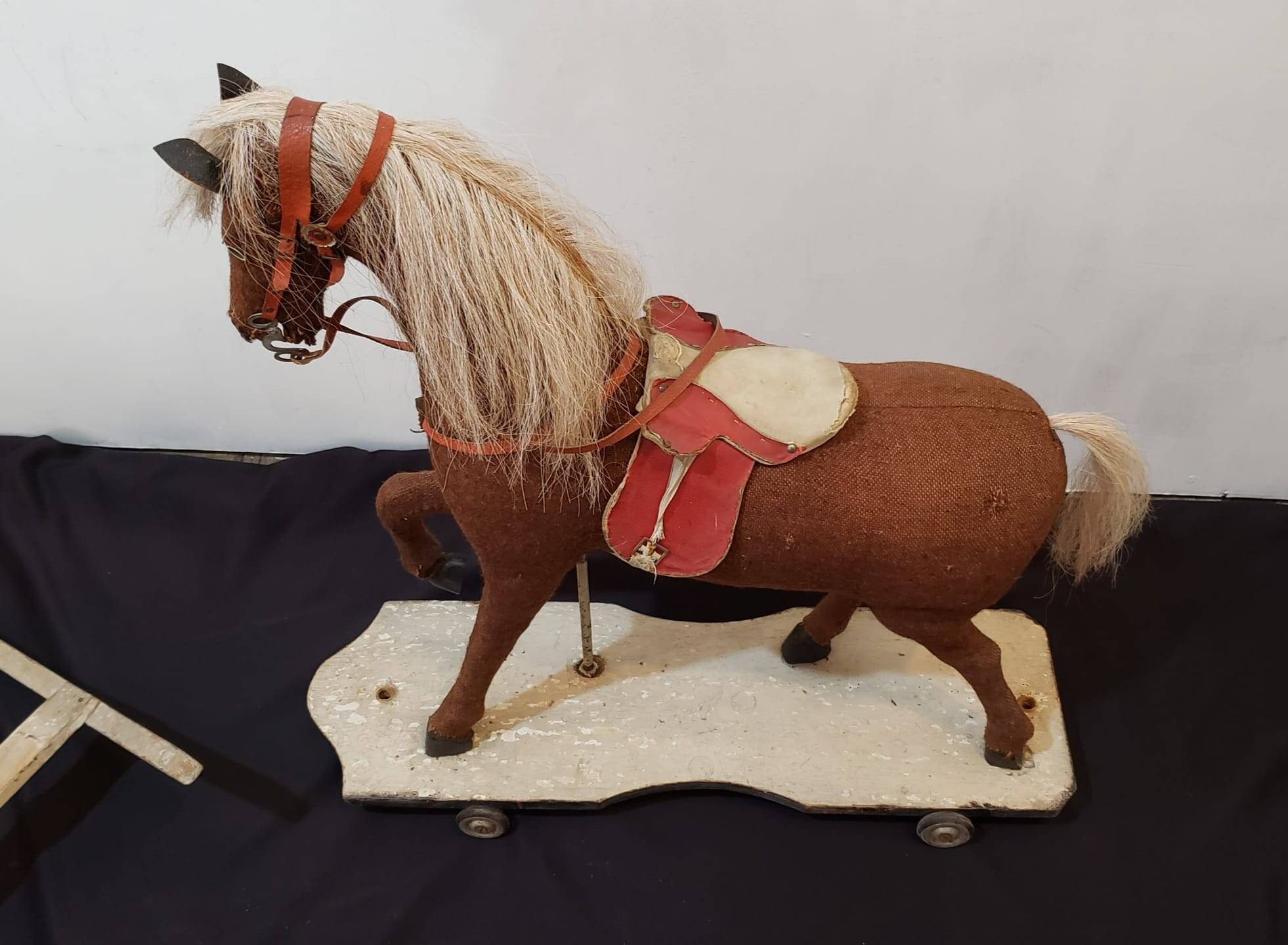 Rocking horse made of wood, fabric and natural horsehair, 1940-1950