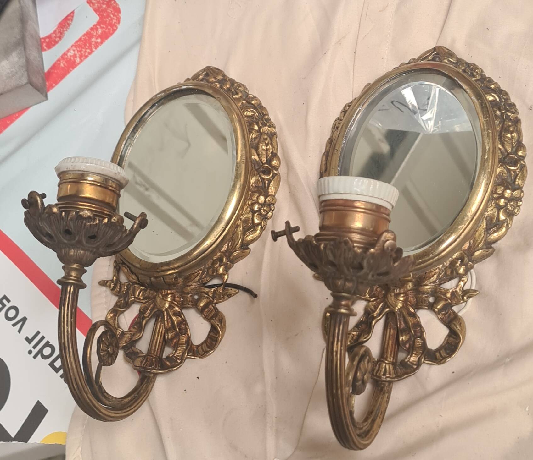 2 bronze wall lights and pretty mirror,,, napoleon 3 26x15