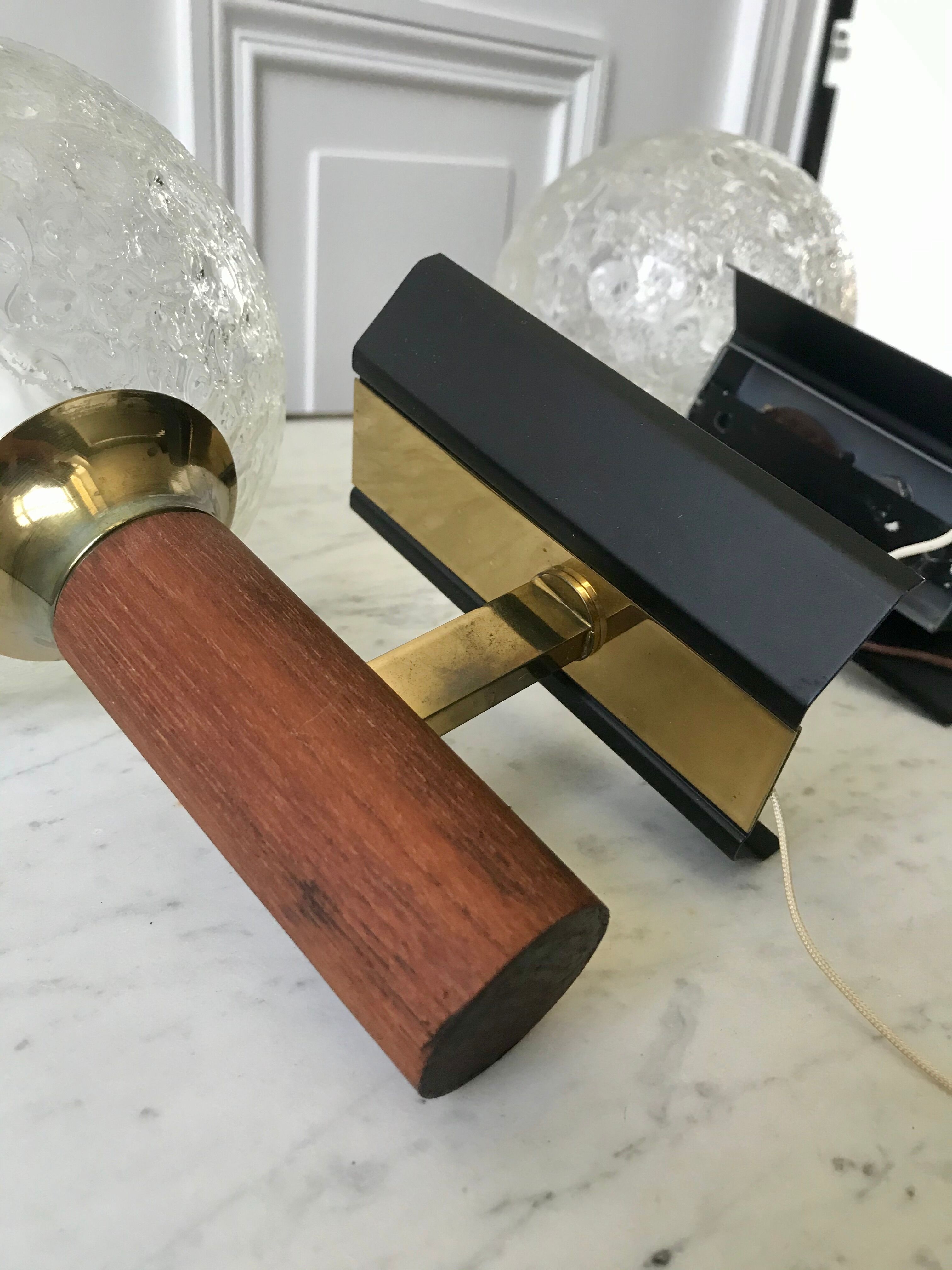 Pair of wall sconces balls in blown glass, metal and teak style 50s