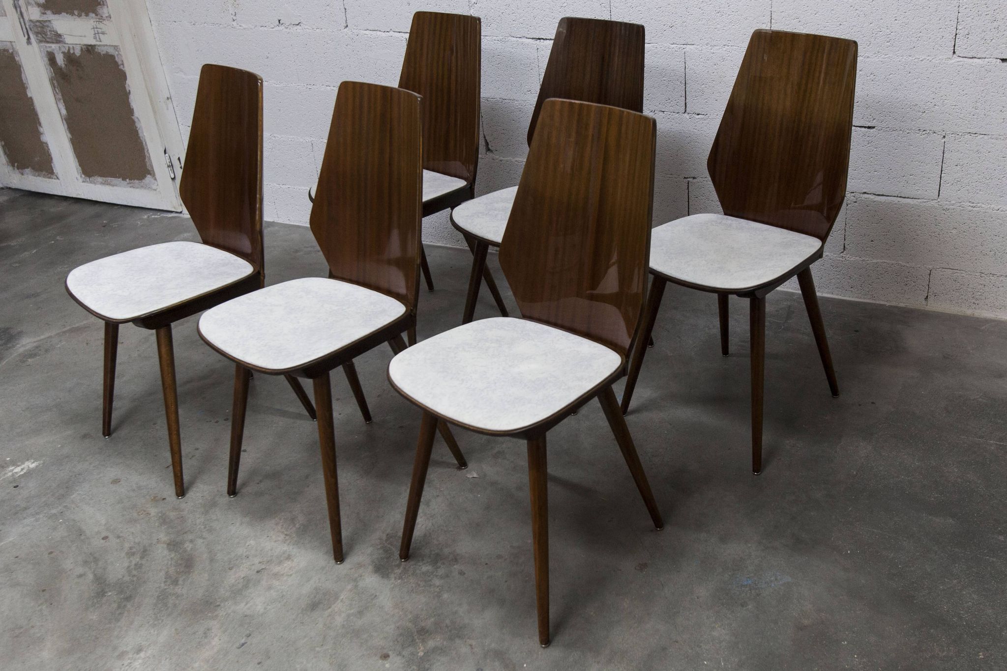 Set of 6 Baumann model 840 G2S chairs in varnished mahogany finish, 1963