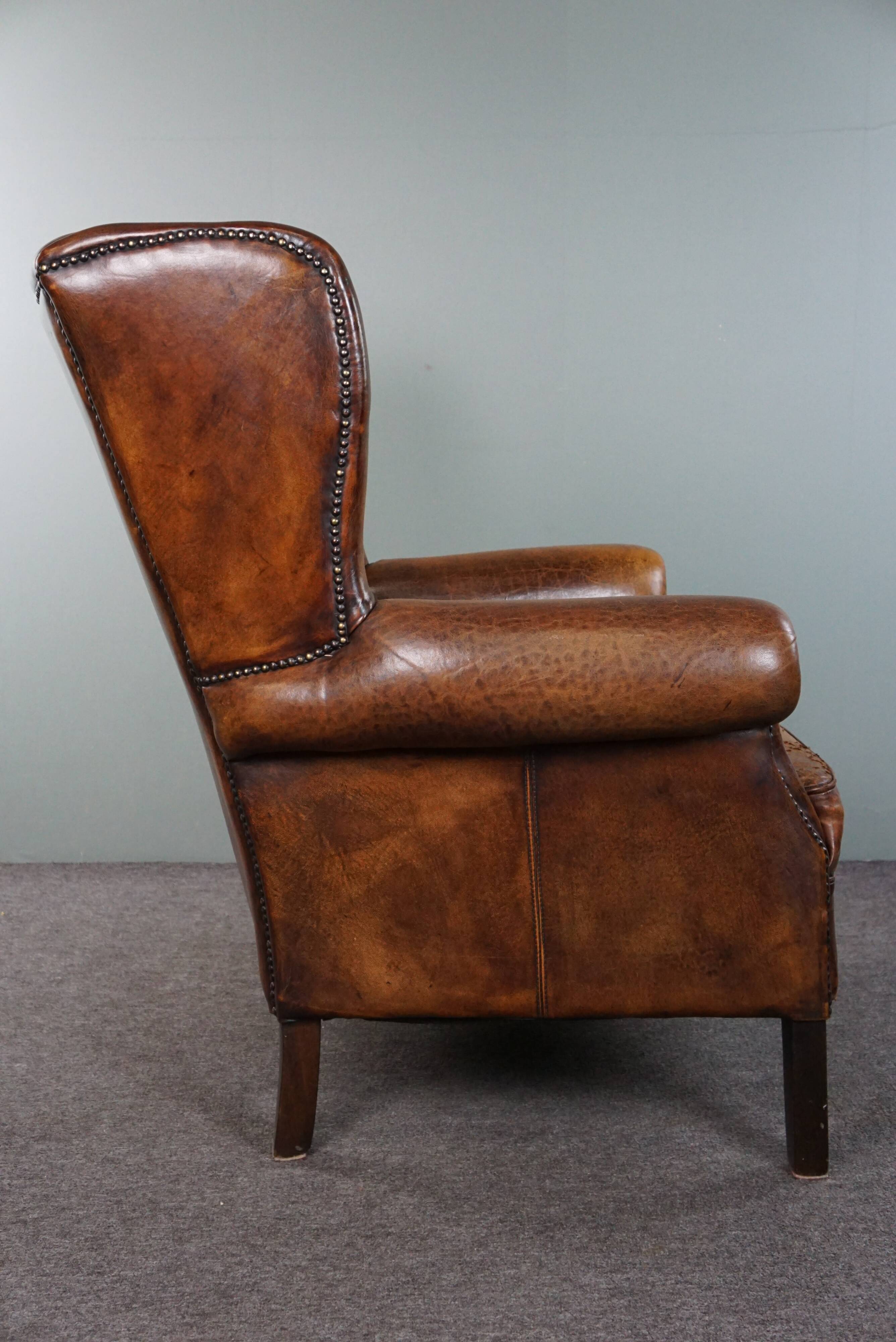 Dark wingback armchair made of sheep leather with stunning colors