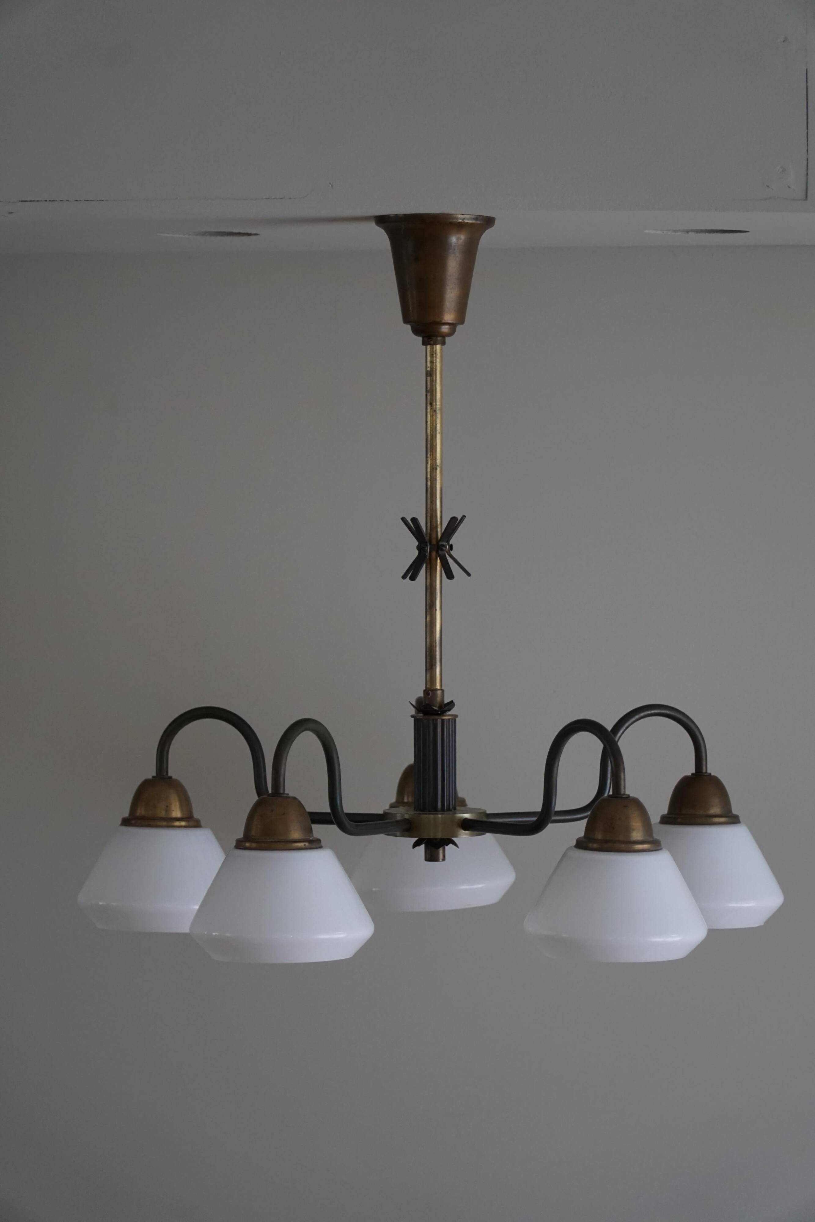 A modern Danish chandelier with 5 heads in opaline glass and brass, Art Deco, 1940s.