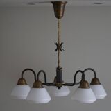 A modern Danish chandelier with 5 heads in opaline glass and brass, Art Deco, 1940s.