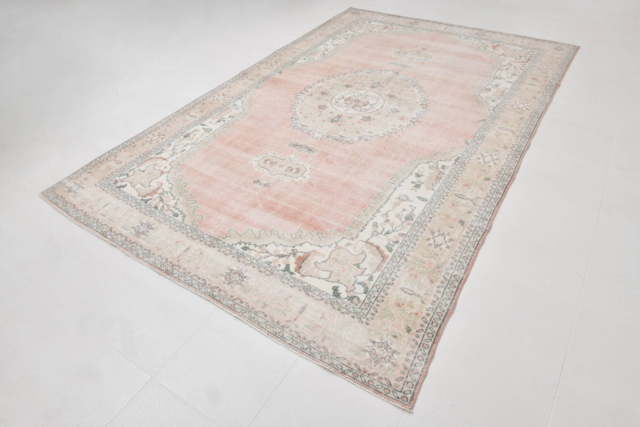 Pale Red & Pink Turkish Vintage Rug, Large Handmade Wool Rug, 216x335Cm