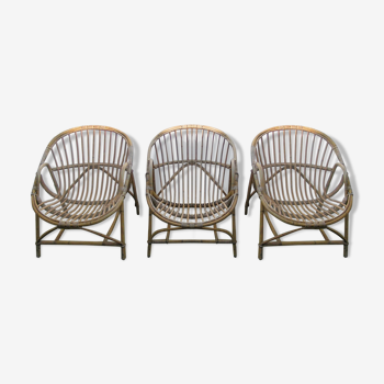 3 fauteuils corbeille en rotin