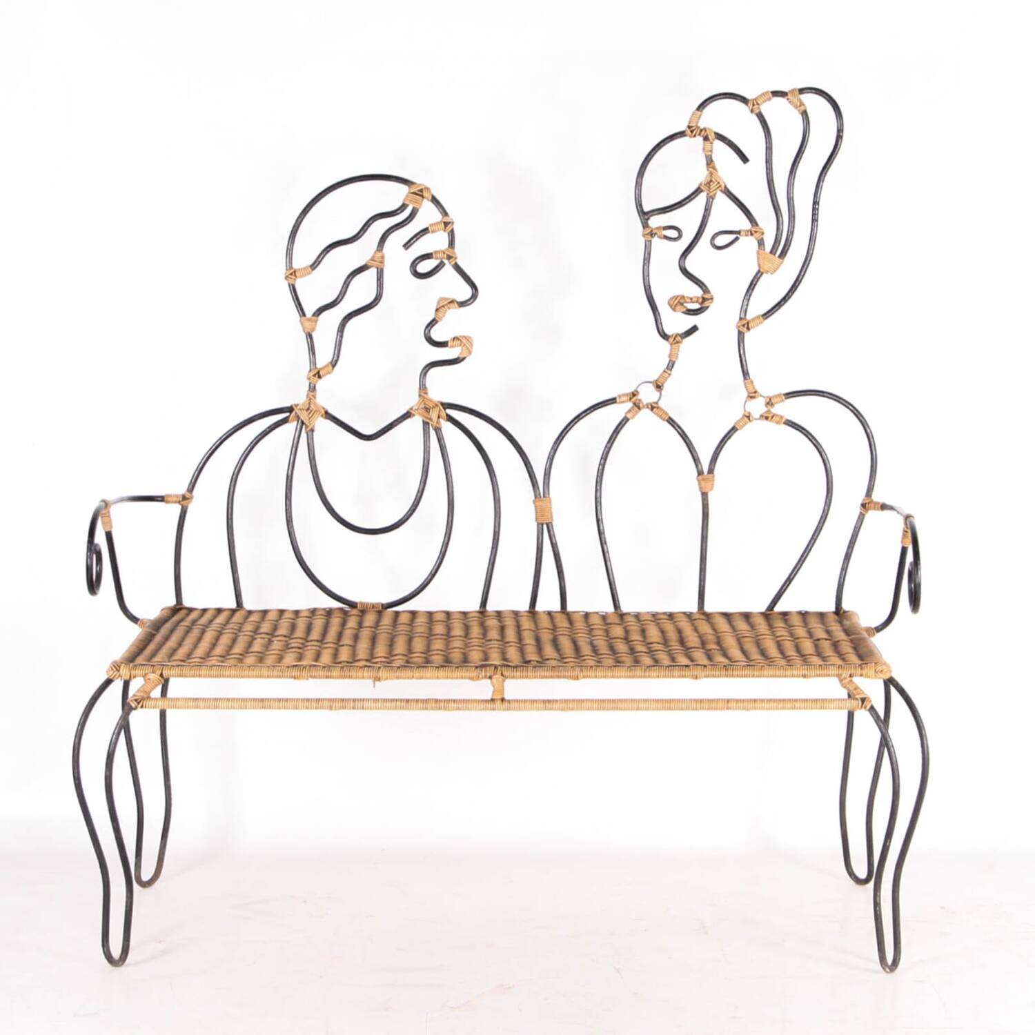 Iron and rattan bench