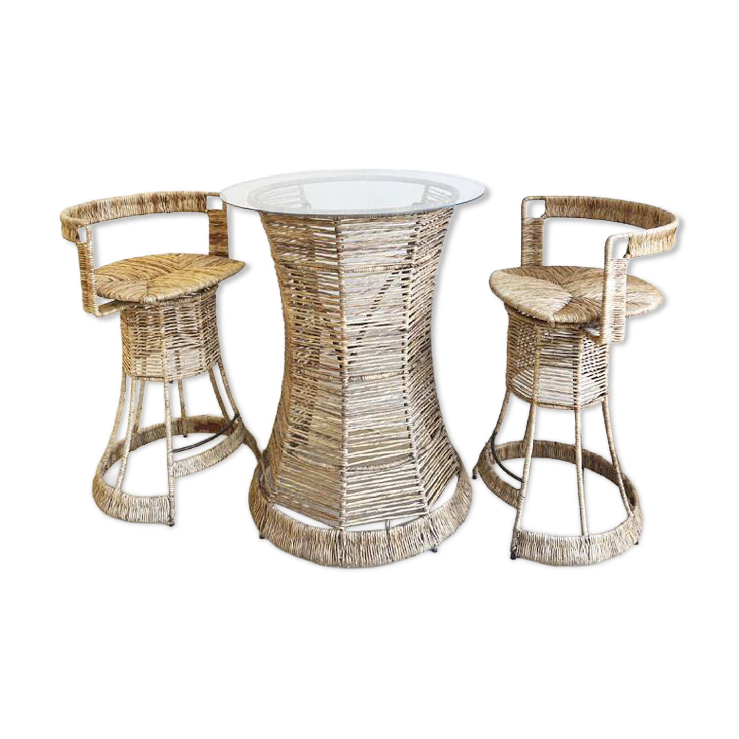 Garden bar in rattan and glass with its two stools – 1970s