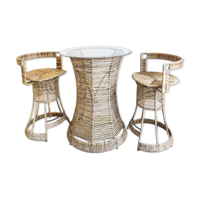 Bar de jardin en rotin et verre avec ses deux tabourets – Années 70