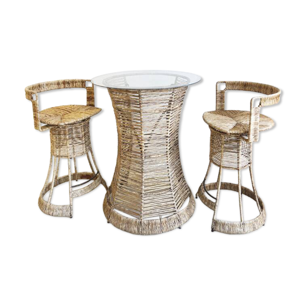 Bar de jardin en rotin et verre avec ses deux tabourets – Années 70
