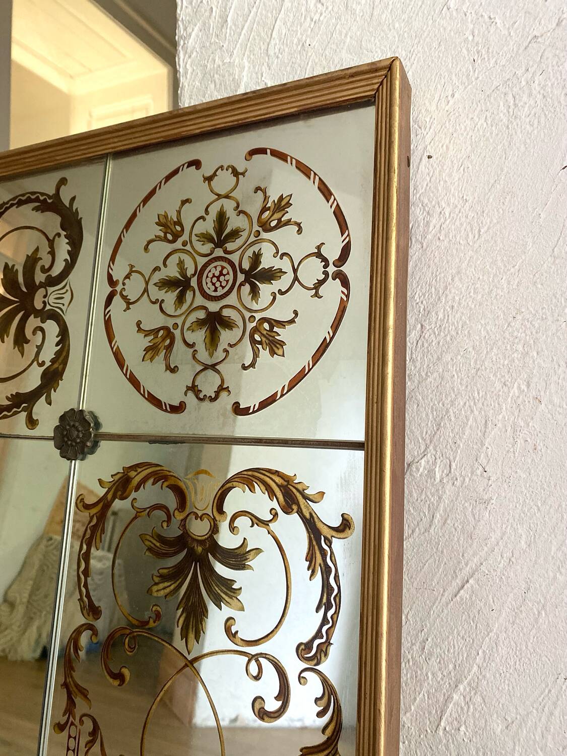 Antique bistro/brasserie mirror in reverse-painted glass, 202 x 102 cm