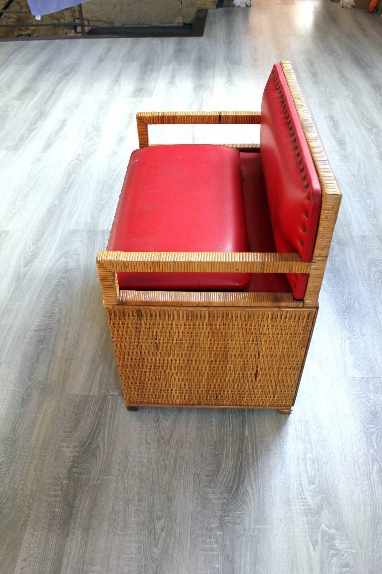 Vintage 1970s wicker cane storage bench chair