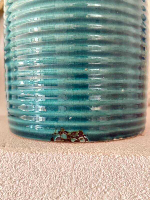 Duck blue ribbed glazed ceramic bottle vase – Mid-Century style