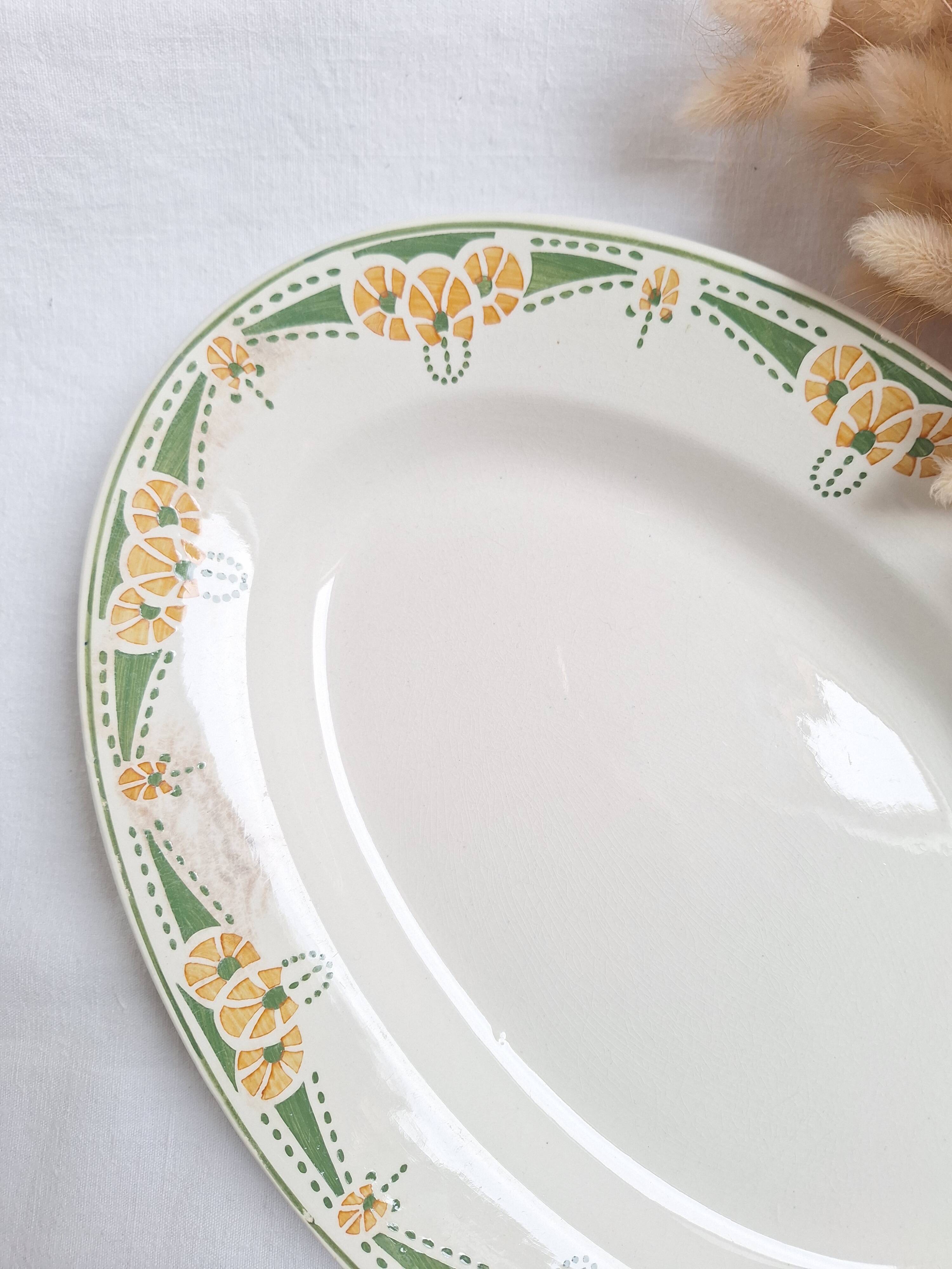 Plat ovale Longwy art déco vert et orange
