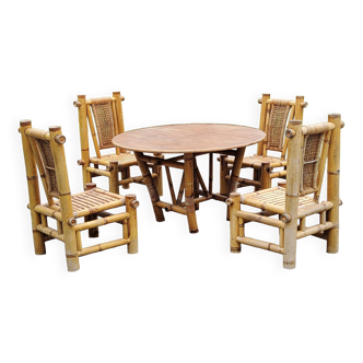 Garden furniture dining table and 4 chairs in bamboo and rattan from the 70s