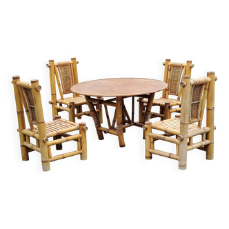 Salon de jardin table à manger et 4 chaises en bambou et rotin des années 70