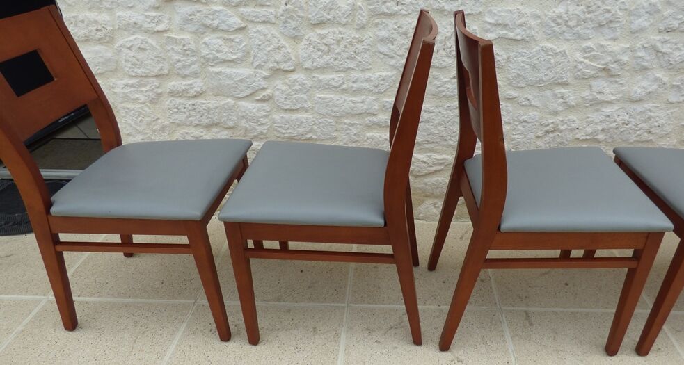 Set of 6 cherry wood style chairs with gray imitation leather seat