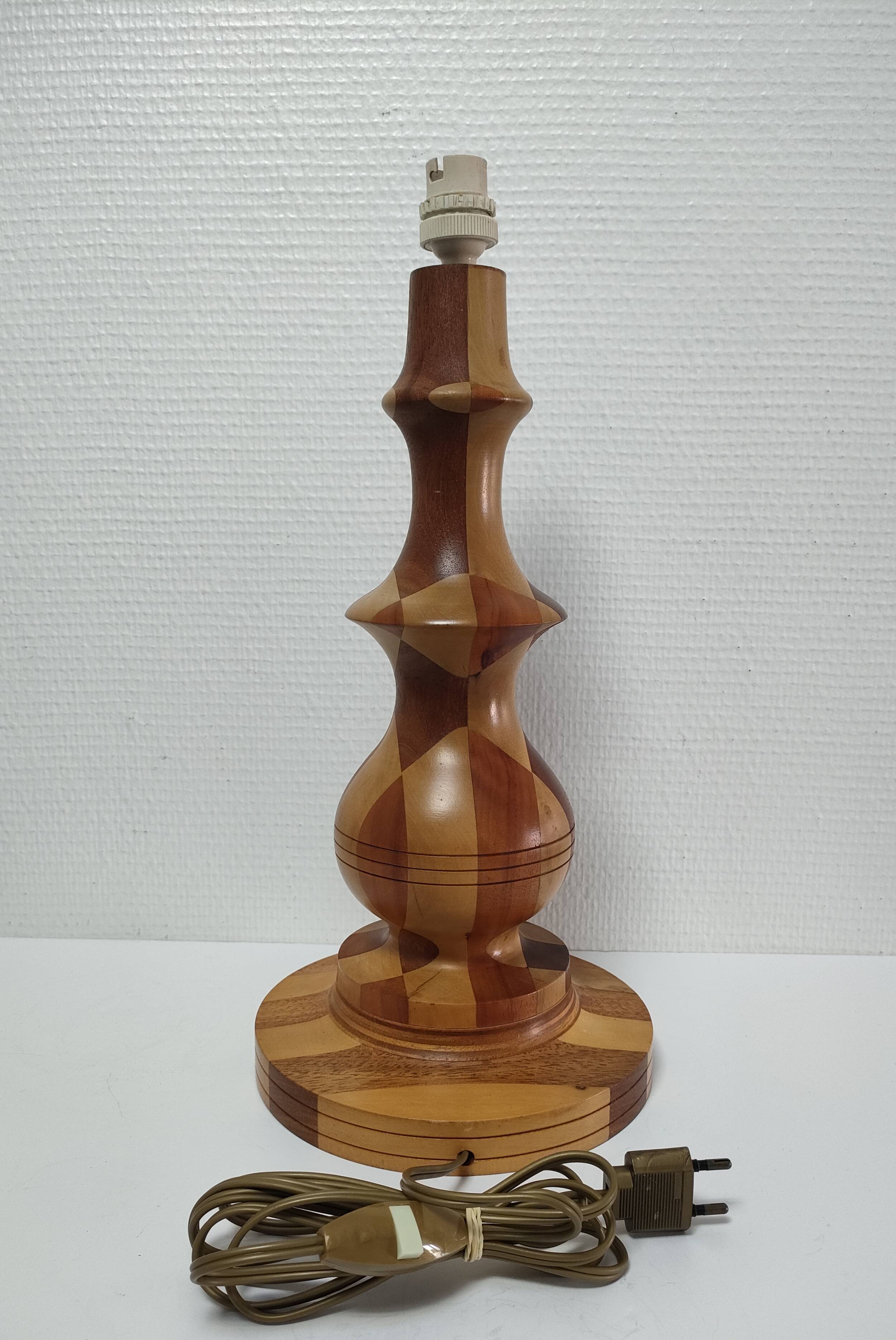 Turned wooden lamp and vintage wood inlay