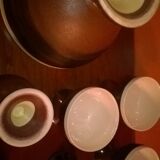 1 bowl and 6 cups, turned by a potter, enamelled