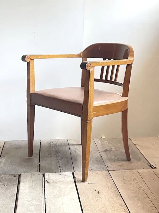Swiss Art Deco Wood Armchair with Brown Leather Seat, 1930s