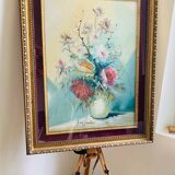 Large HST painting depicting a floral bouquet signed Lina Pont (?)