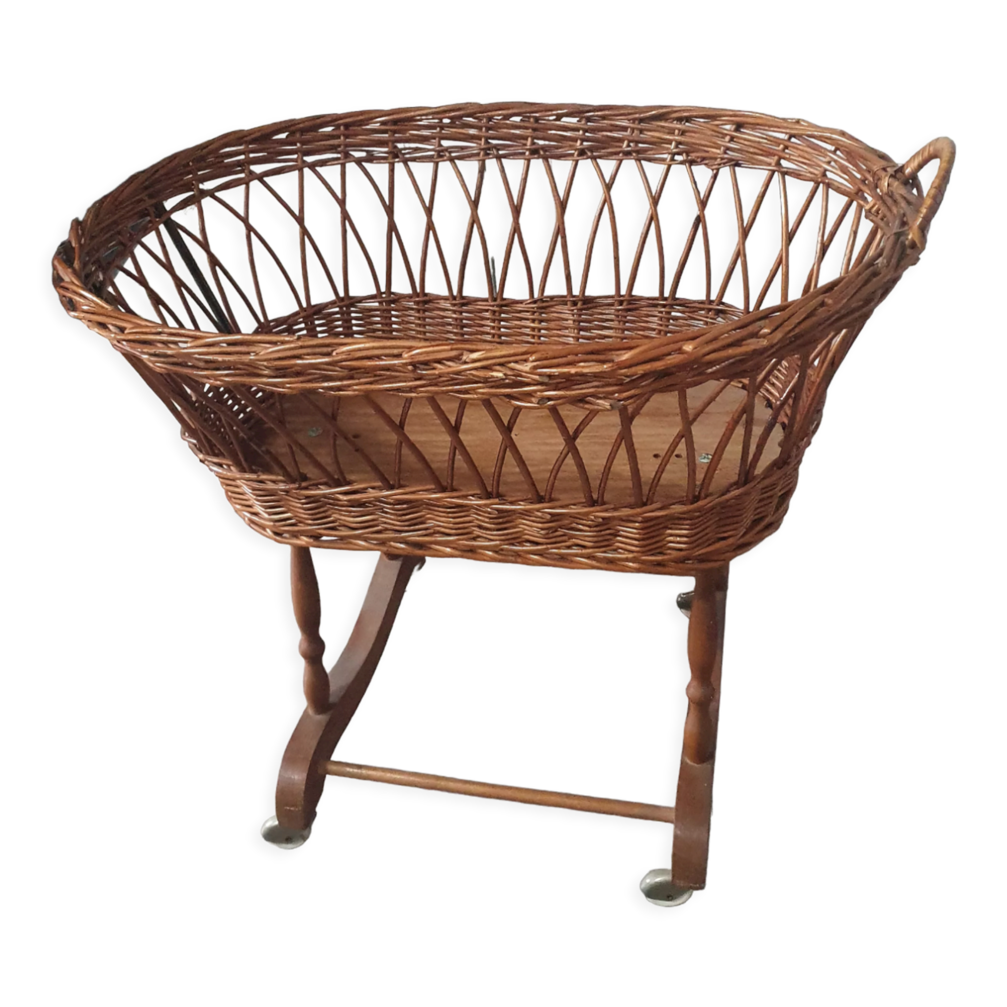 Old vintage rattan crib on wheels, missing a handle 60 by 40cm high 52cm for doll
