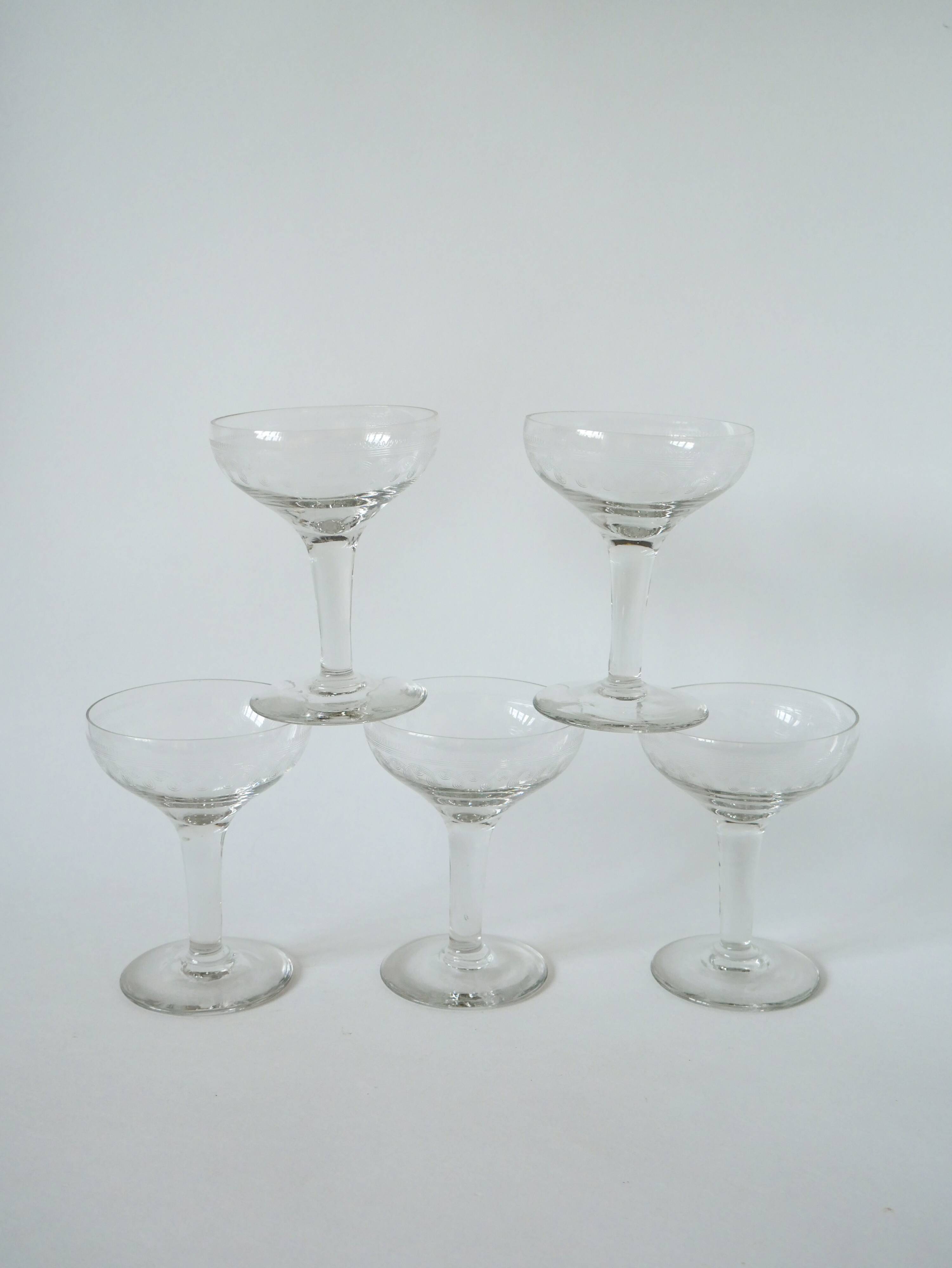 set of 5 engraved crystal champagne glasses 1950