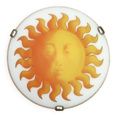 Applique murale ou plafonnier rond, soleil jaune verre opaque, années 80