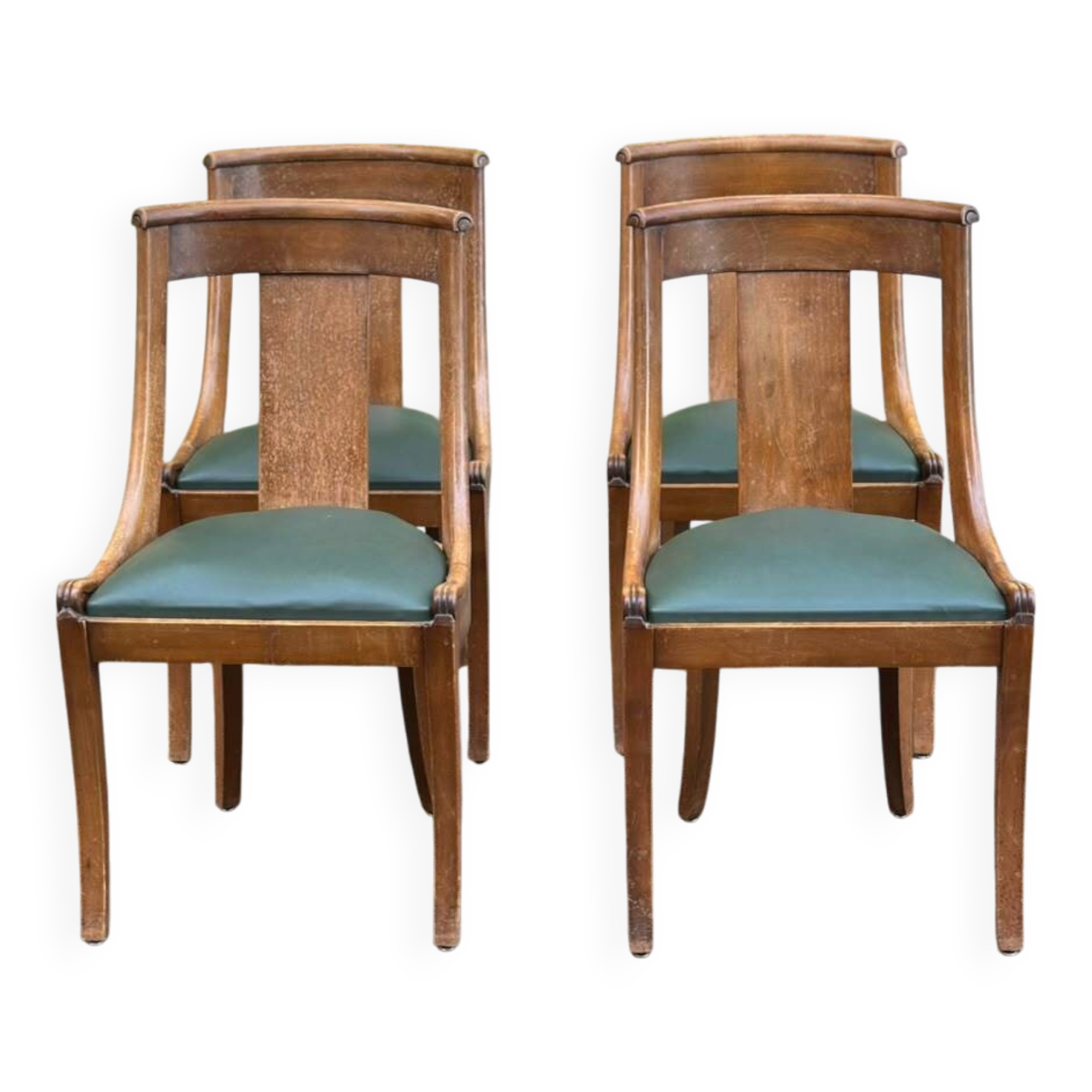 4 gondola chairs, Charles X restoration, solid wood and green leather, 19th century.