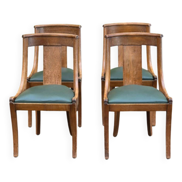 4 gondola chairs, Charles X restoration, solid wood and green leather, 19th century.