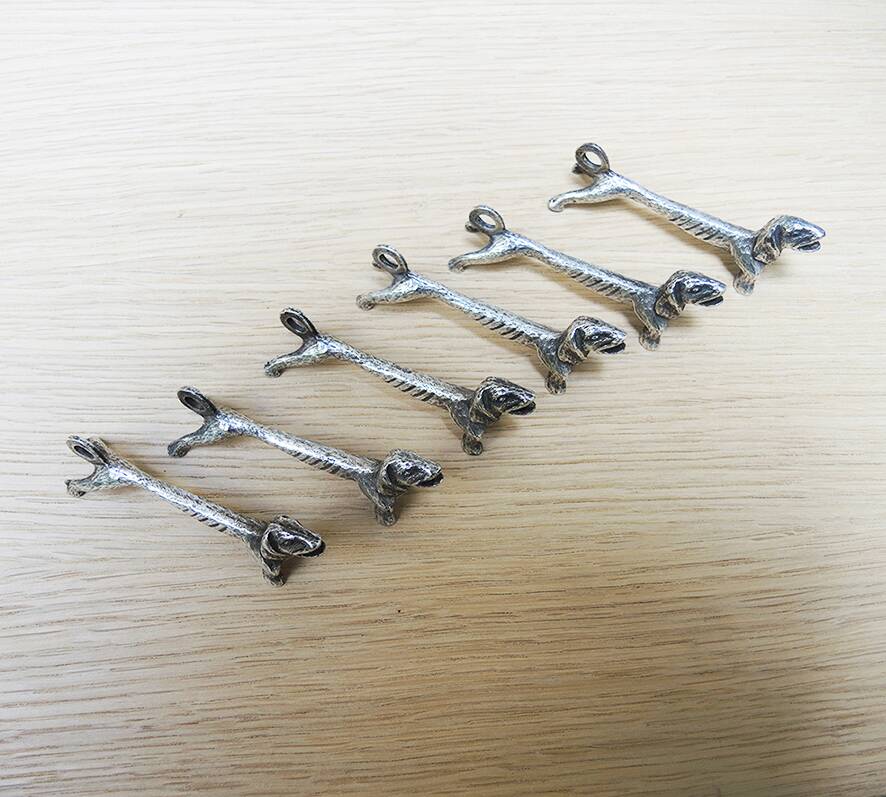 6 antique dachshund metal knife holders