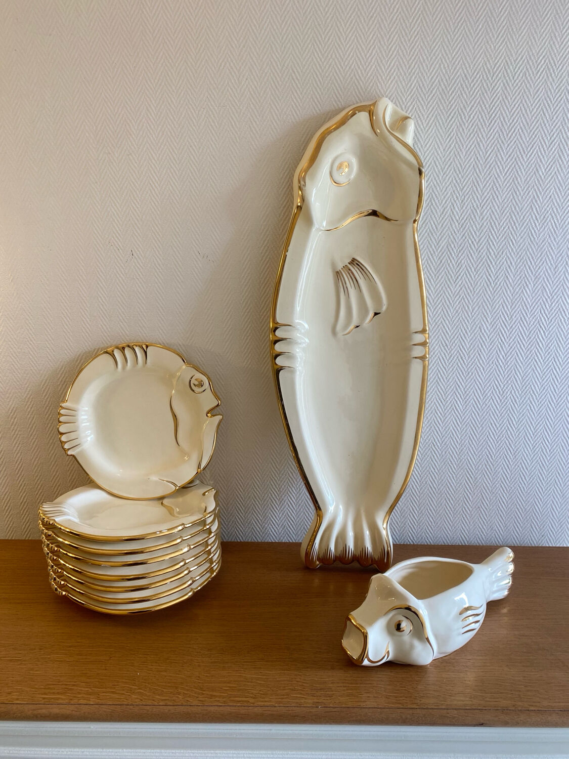 Antique Madgalithe fish set made in France