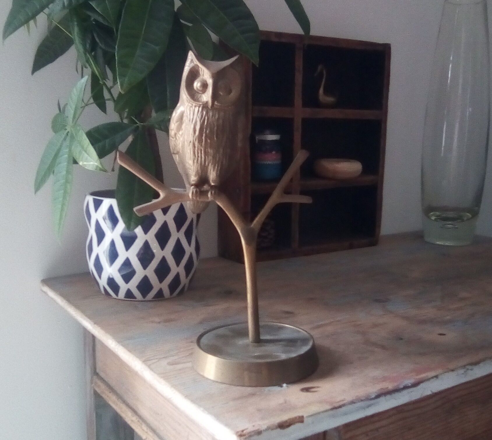 Owl on massive brass tree 70s