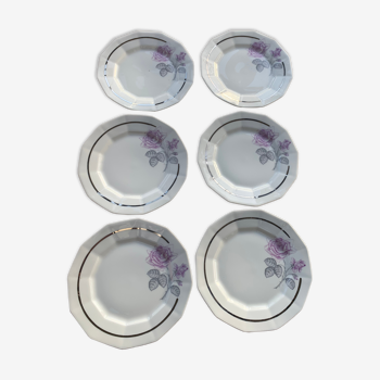 6 petites assiettes en porcelaine art deco de forme octogonales motif de roses.