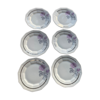 6 petites assiettes en porcelaine art deco de forme octogonales motif de roses.