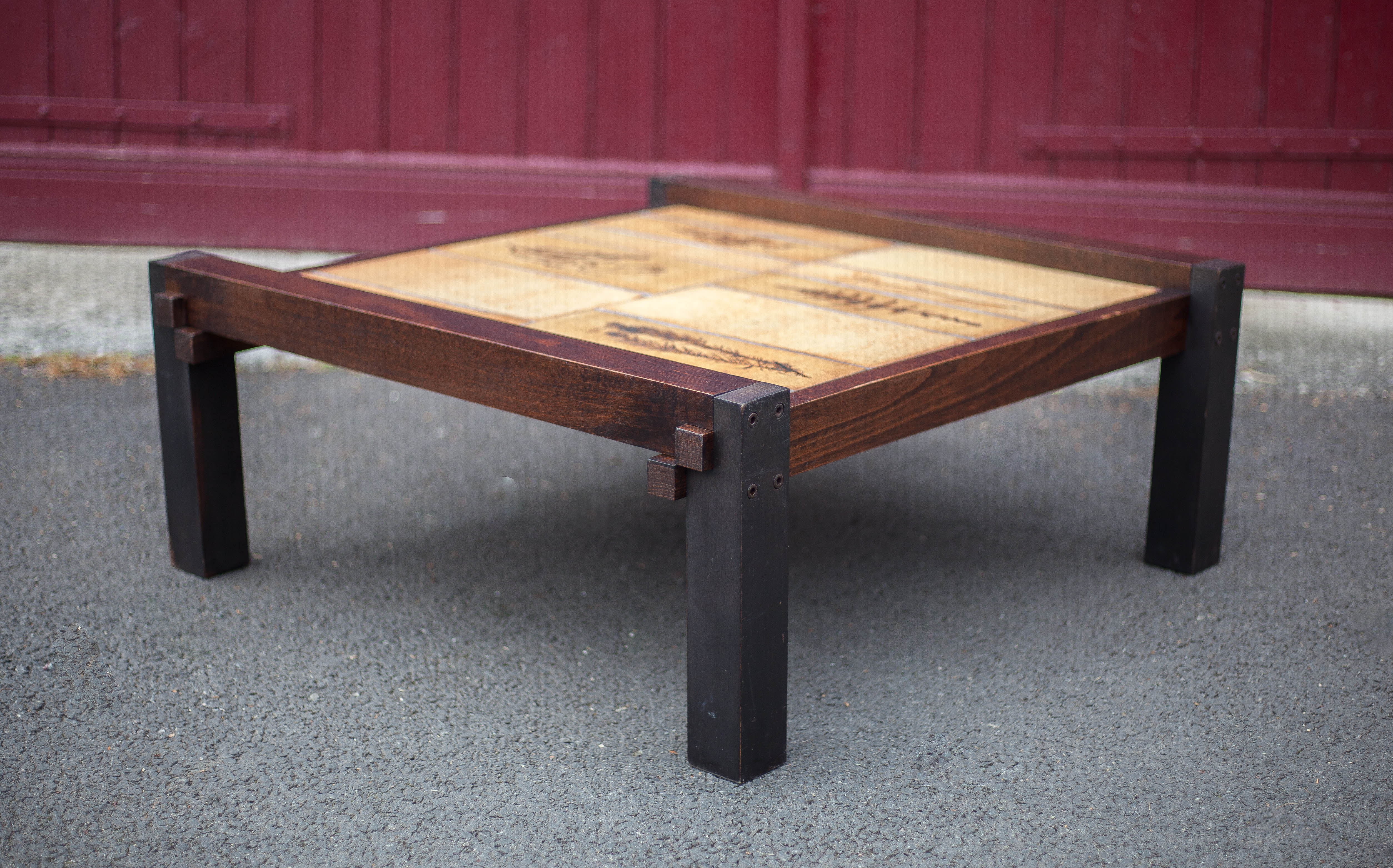 Herbarium ceramic coffee table with wooden structure, capron table, interior decoration