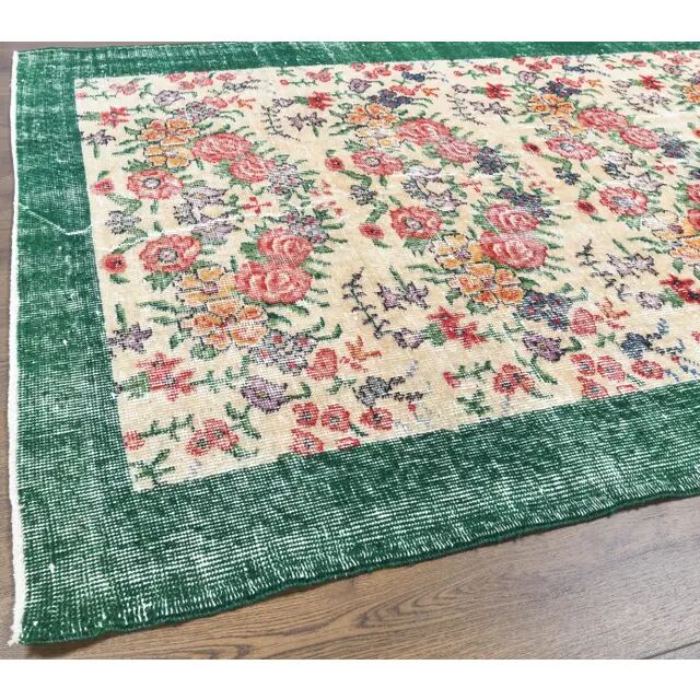 Turkish  Oushak vintage hand-knotted floral green rugs bordered 176x205