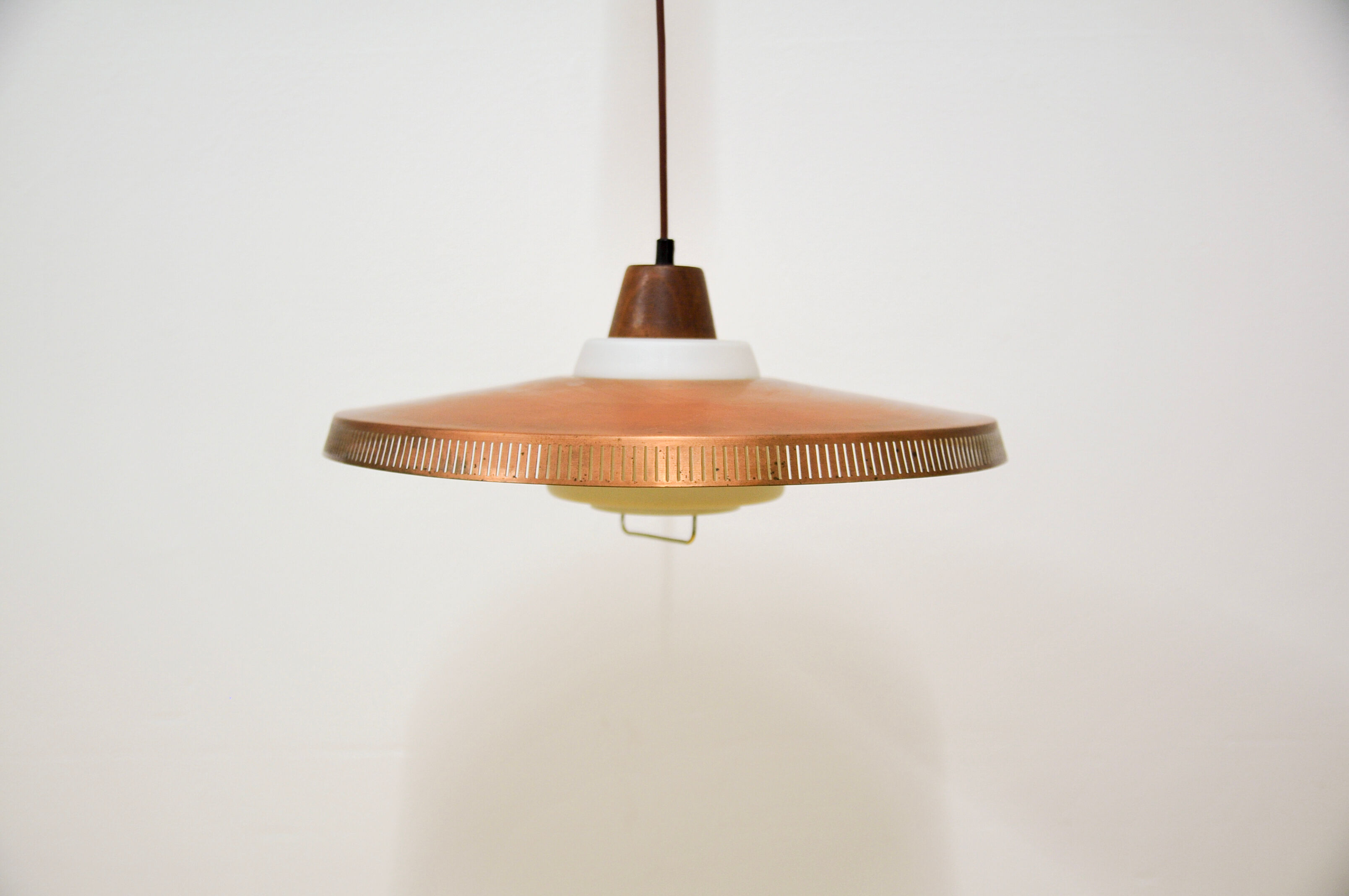 Copper milk glass & teak hanging lamp bent karlby for lyfa