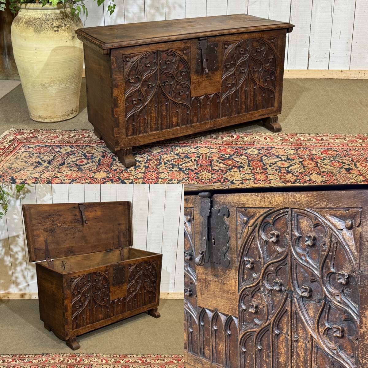 18th-century oak chest with Gothic decoration