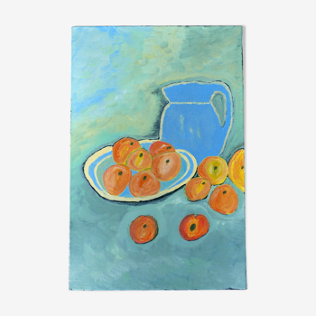 Peinture à l'huile : nature morte aux pommes, années 80