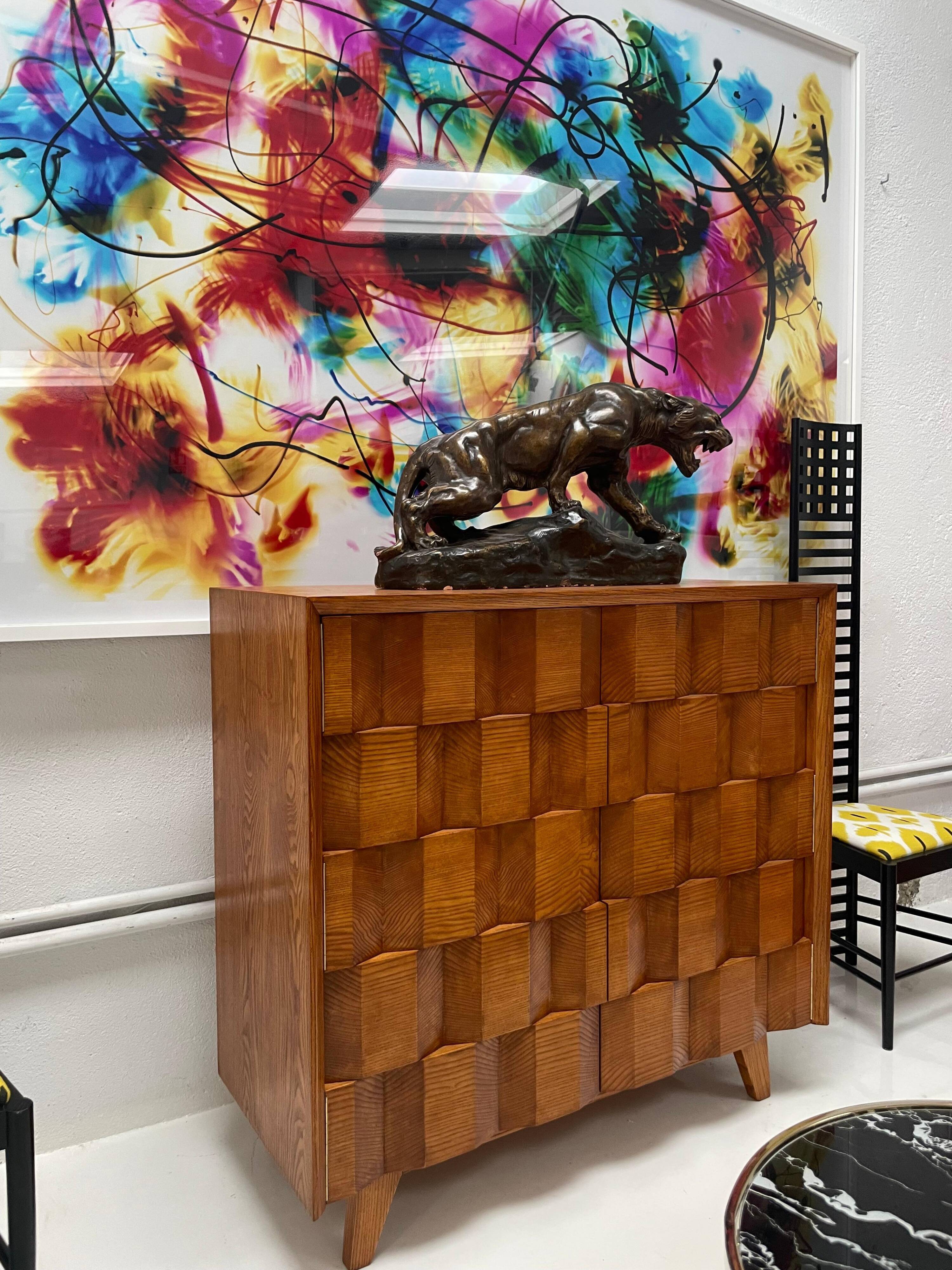 Mid Modern Style Faceted Oak Sideboard with Glass Shelf, Suitable as a Bar