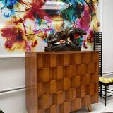 Mid Modern Style Faceted Oak Sideboard with Glass Shelf, Suitable as a Bar