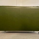 Vintage retro Danish 2 person olive green buttoned leather sofa 1970s