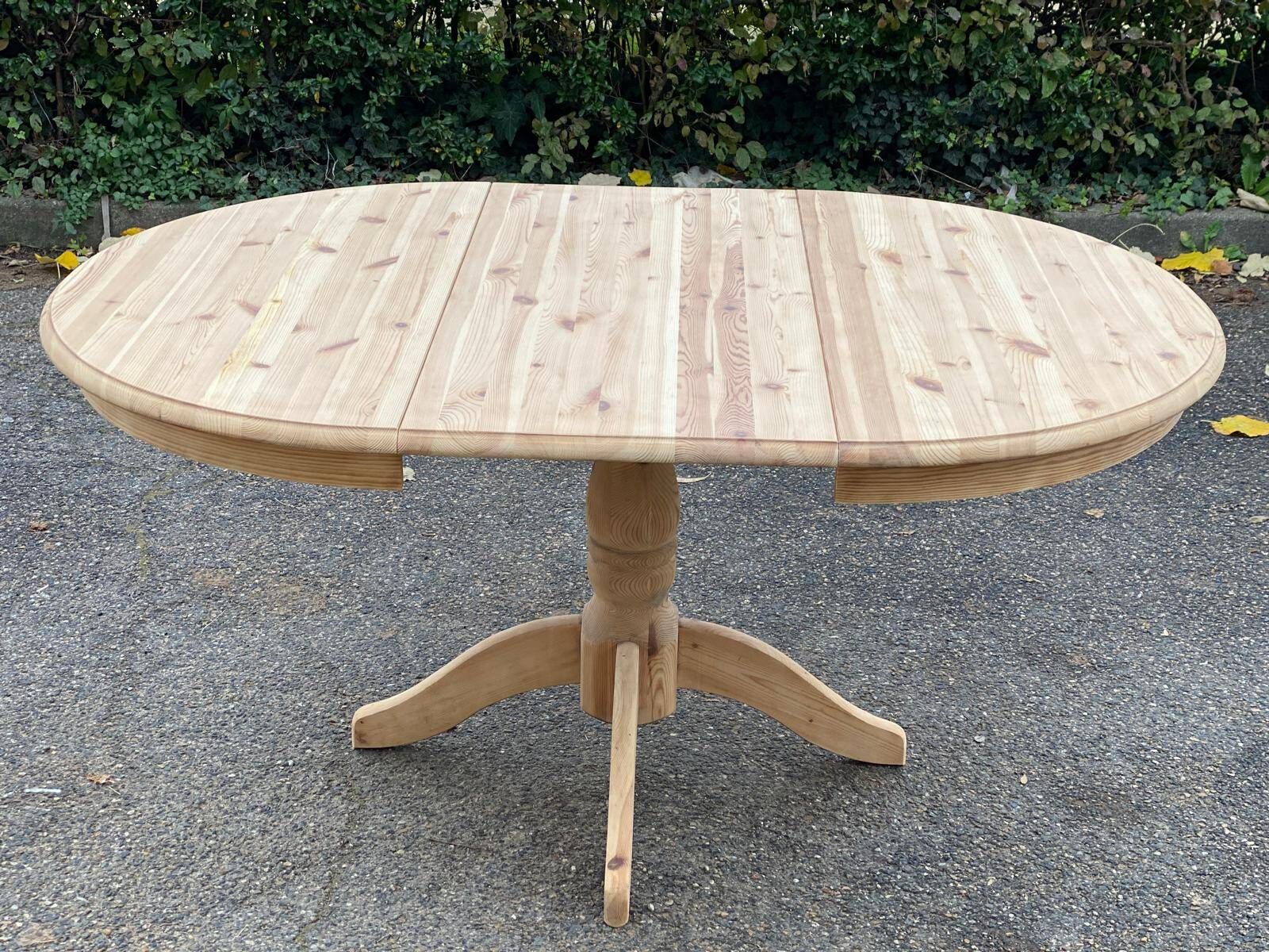 Extendable round dining table with central leg renovated in raw solid wood 105cm