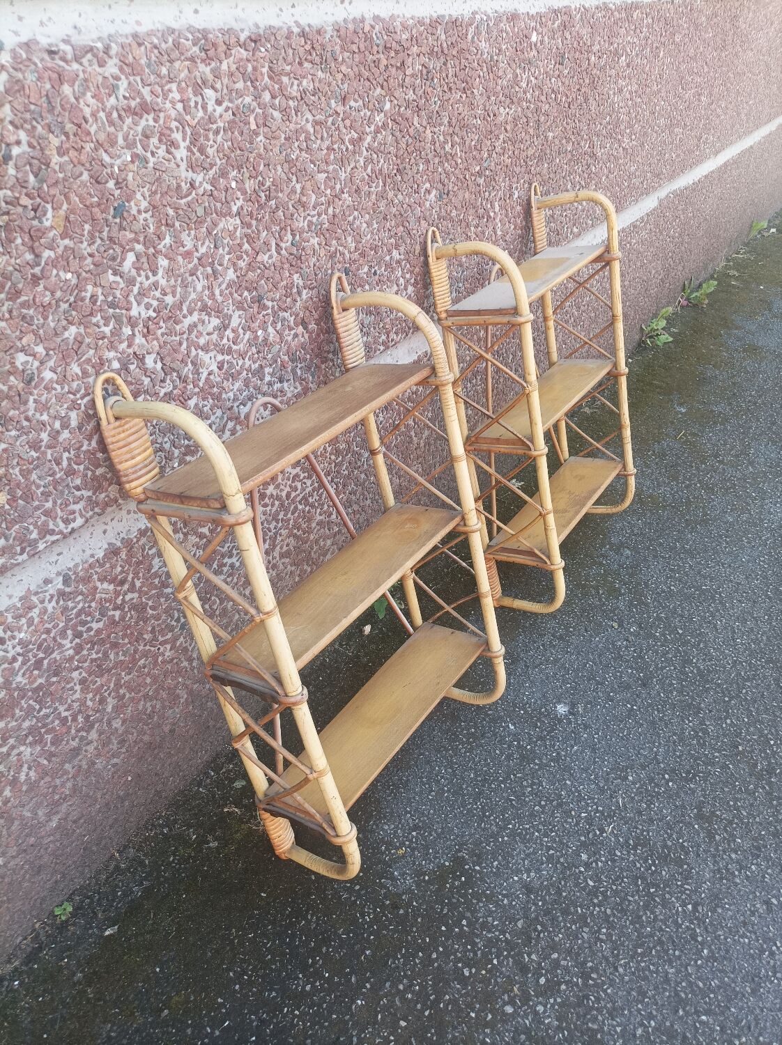 Pair of wall shelves vintage in rattan bamboo wicker