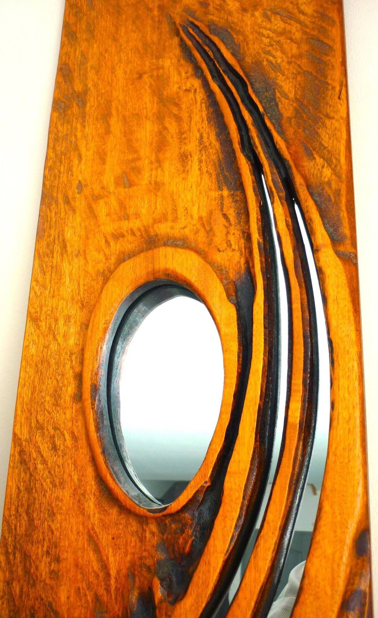Carved wooden mirror, signed P. Guallino, "le passage", brutalist design from the 80s