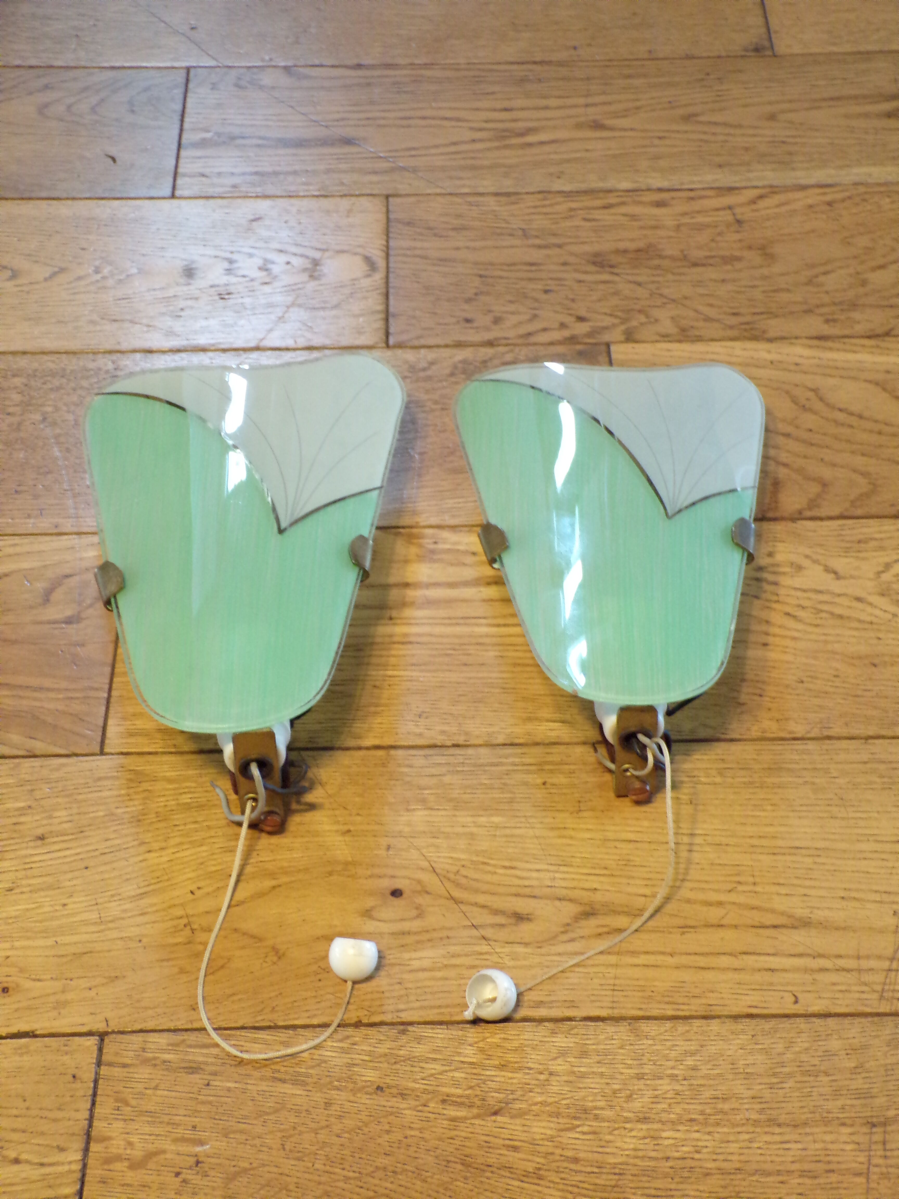 Pair of modernist sconces in screen-printed glass