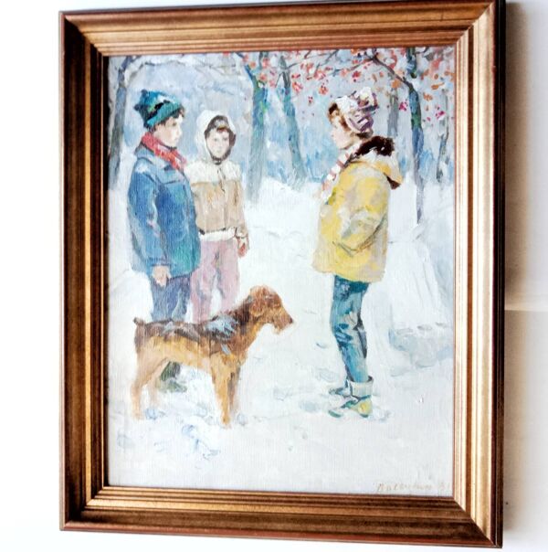 Tableau Paysage enneigé animé Enfants et leur chien  Toile signée Cadre XXe