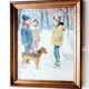Snowy landscape tableau Children and their dog Signed canvas 20th century frame