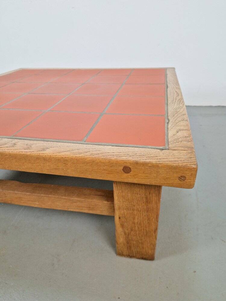 Brutalist Oak Coffee Table with Terracotta Tiles, 1950s